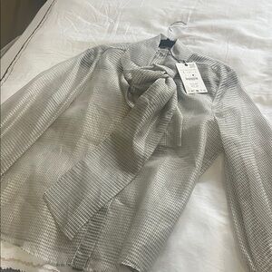 Zara Gray Checkered Blouse with Bow